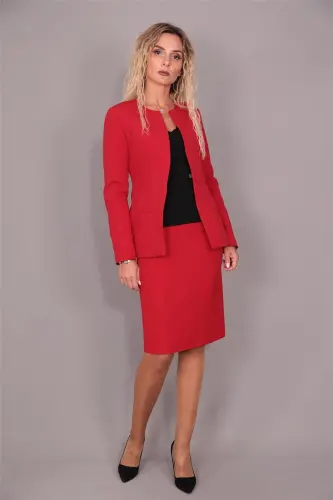 Oval Collar Long Jacket & Pencil Skirt Suit - Red - 3