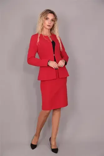 Oval Collar Long Jacket & Pencil Skirt Suit - Red - 4