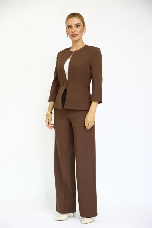 Oval Collar Short Jacket & Wide Leg Pants Set-Chestnut-Bitter Coffee - 1