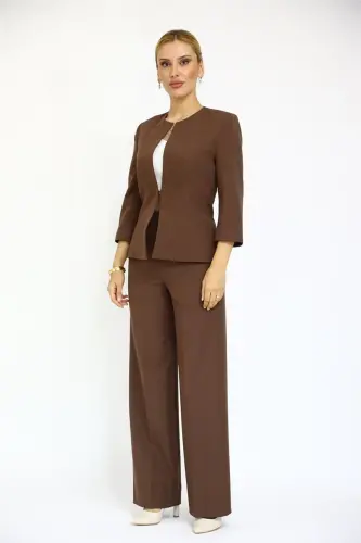 Oval Collar Short Jacket & Wide Leg Pants Set-Chestnut-Bitter Coffee 