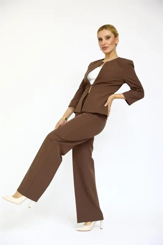 Oval Collar Short Jacket & Wide Leg Pants Set-Chestnut-Bitter Coffee - 2