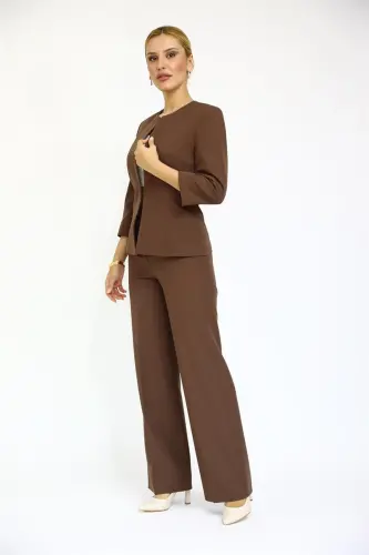 Oval Collar Short Jacket & Wide Leg Pants Set-Chestnut-Bitter Coffee - 3