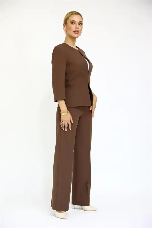 Oval Collar Short Jacket & Wide Leg Pants Set-Chestnut-Bitter Coffee - 4
