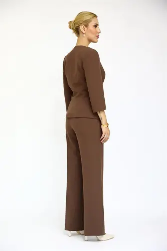 Oval Collar Short Jacket & Wide Leg Pants Set-Chestnut-Bitter Coffee - 5