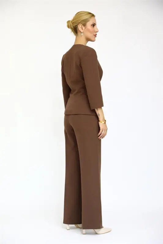 Oval Collar Short Jacket & Wide Leg Pants Set-Chestnut-Bitter Coffee - 5