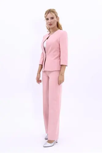 Oval Collar Short Jacket & Wide Leg Pants Set-Powder-Powder - ÖNDER ÖZSOY (1)
