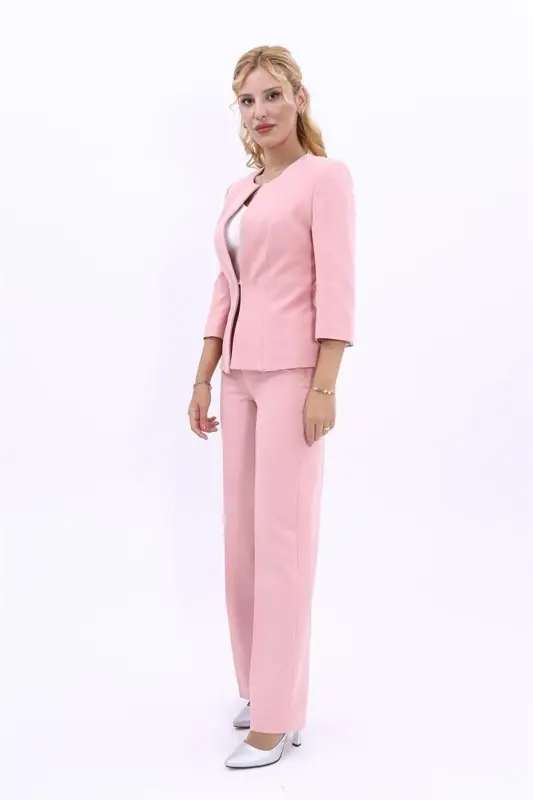 Oval Collar Short Jacket & Wide Leg Pants Set-Powder-Powder - 2