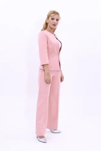 Oval Collar Short Jacket & Wide Leg Pants Set-Powder-Powder - 3
