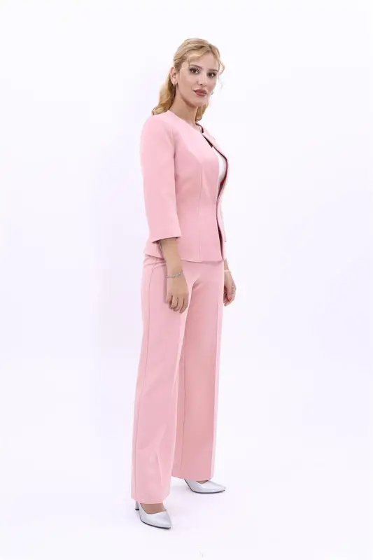 Oval Collar Short Jacket & Wide Leg Pants Set-Powder-Powder - 3