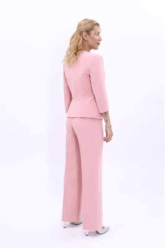 Oval Collar Short Jacket & Wide Leg Pants Set-Powder-Powder - 4