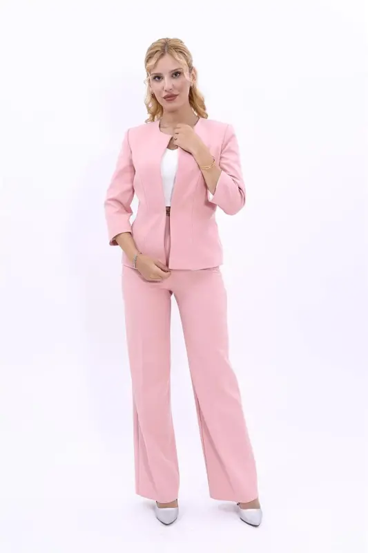 Oval Collar Short Jacket & Wide Leg Pants Set-Powder-Powder - 5