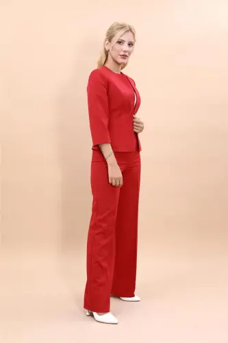 Oval Collar Short Jacket & Wide Leg Pants Set - Red - ÖNDER ÖZSOY (1)