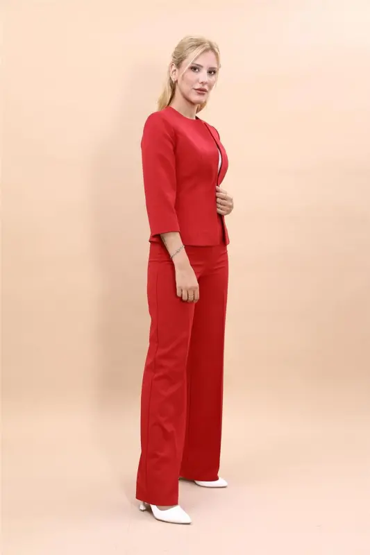 Oval Collar Short Jacket & Wide Leg Pants Set - Red - 2