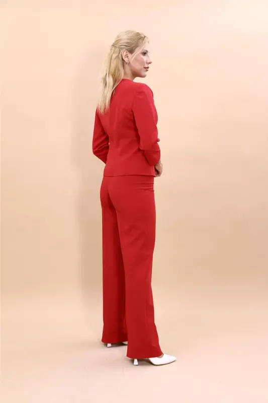 Oval Collar Short Jacket & Wide Leg Pants Set - Red - 3
