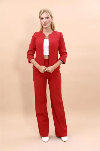 Oval Collar Short Jacket & Wide Leg Pants Set - Red - 4