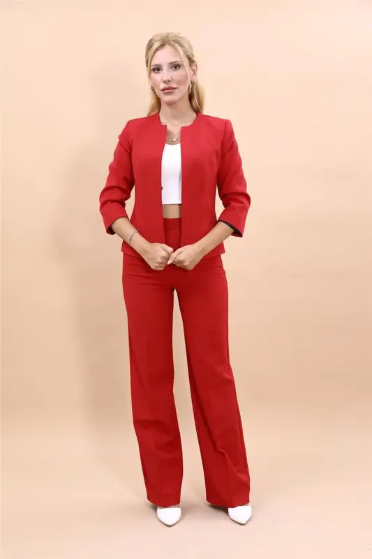 Oval Collar Short Jacket & Wide Leg Pants Set - Red - 4