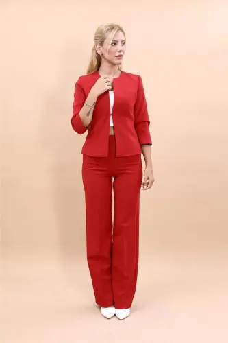 Oval Collar Short Jacket & Wide Leg Pants Set - Red - 5