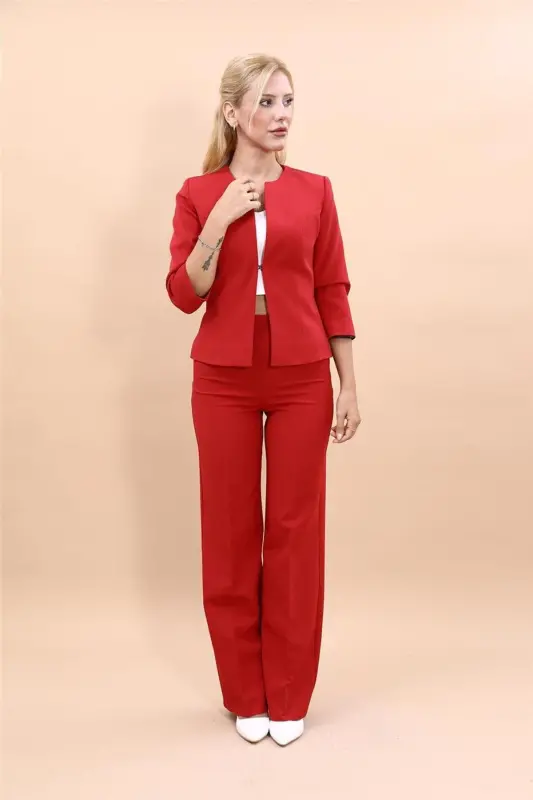 Oval Collar Short Jacket & Wide Leg Pants Set - Red - 5