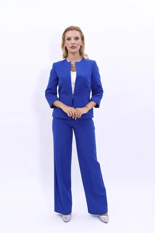 Oval Collar Short Jacket & Wide Leg Pants Set-Sax-Sax - 1