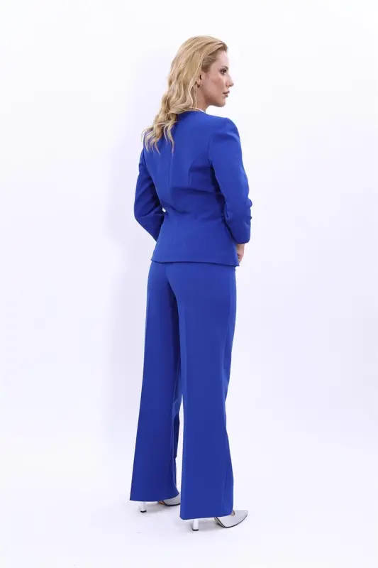 Oval Collar Short Jacket & Wide Leg Pants Set-Sax-Sax - 4