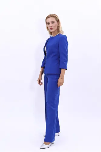 Oval Collar Short Jacket & Wide Leg Pants Set-Sax-Sax - 5