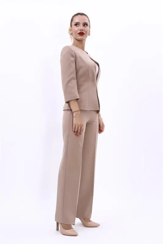 Oval Collar Short Jacket & Wide Leg Pants Set-Stone-Stone - 3