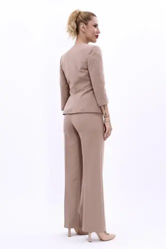 Oval Collar Short Jacket & Wide Leg Pants Set-Stone-Stone - 4
