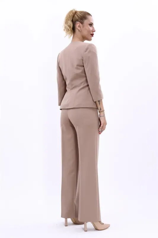 Oval Collar Short Jacket & Wide Leg Pants Set-Stone-Stone - 4