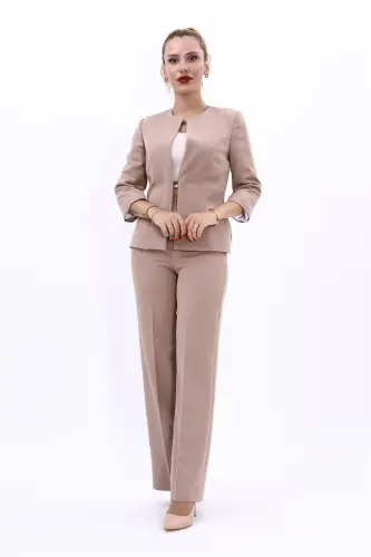 Oval Collar Short Jacket & Wide Leg Pants Set-Stone-Stone - 5