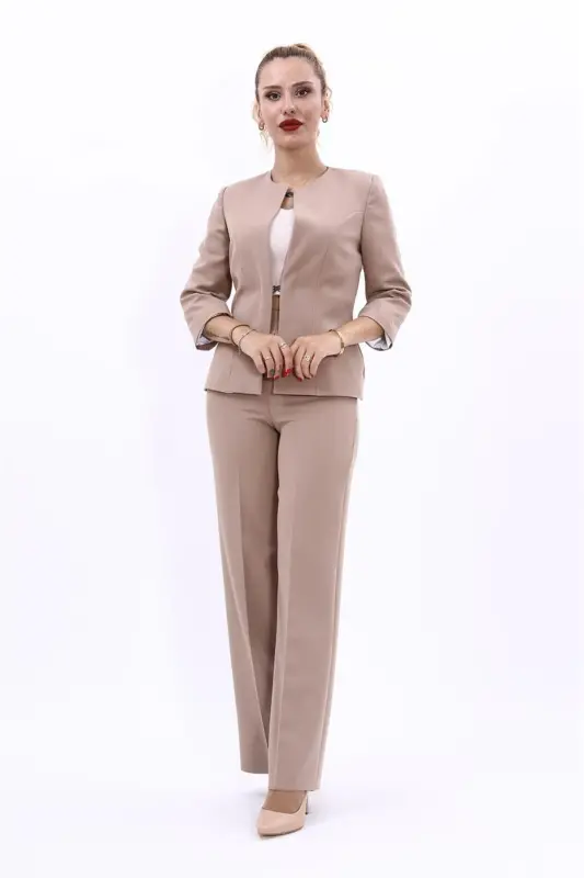 Oval Collar Short Jacket & Wide Leg Pants Set-Stone-Stone - 5