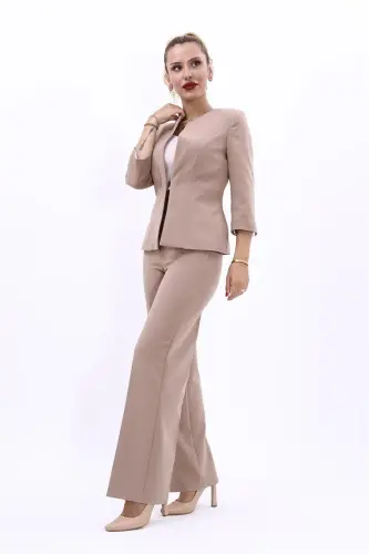 Oval Collar Short Jacket & Wide Leg Pants Set-Stone-Stone 