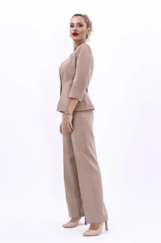 Oval Collar Short Jacket & Wide Leg Pants Set-Stone-Stone - ÖNDER ÖZSOY (1)