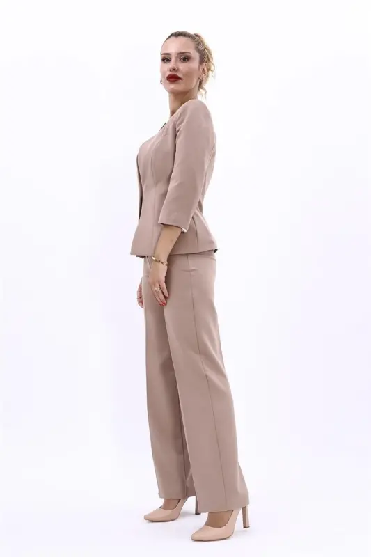 Oval Collar Short Jacket & Wide Leg Pants Set-Stone-Stone - 2
