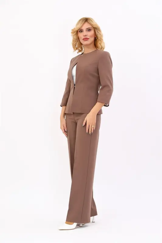 Oval Collar Short Jacket Wide Leg Pants Suit - 3