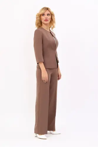 Oval Collar Short Jacket Wide Leg Pants Suit - 4