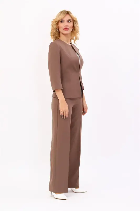 Oval Collar Short Jacket Wide Leg Pants Suit - 4