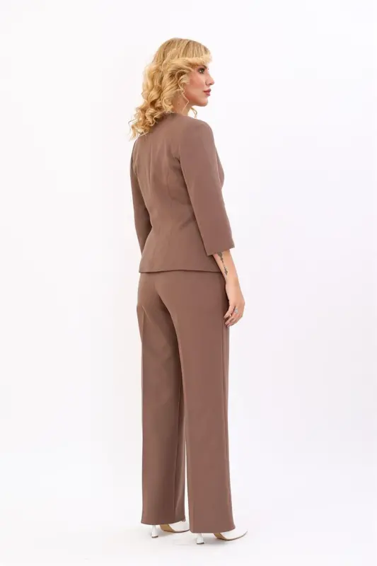 Oval Collar Short Jacket Wide Leg Pants Suit - 5