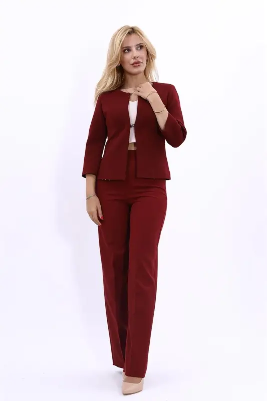 Oval Collar Short Jacket & Wide Leg Pants Suit - Burgundy - 1