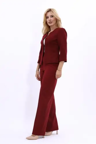 Oval Collar Short Jacket & Wide Leg Pants Suit - Burgundy - 2