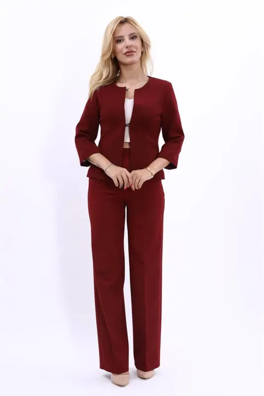 Oval Collar Short Jacket & Wide Leg Pants Suit - Burgundy - 5