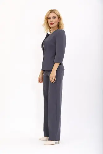 Oval Collar Short Jacket & Wide Leg Pants Suit - Charcoal - 3