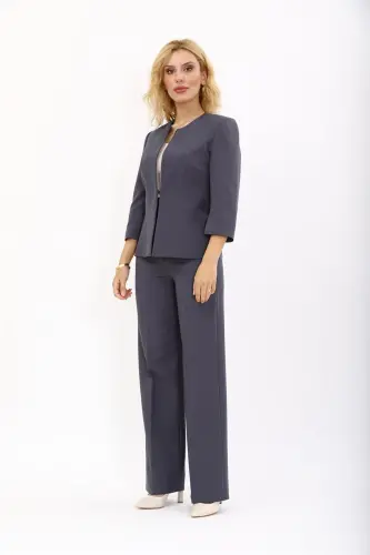 Oval Collar Short Jacket & Wide Leg Pants Suit - Charcoal - 4
