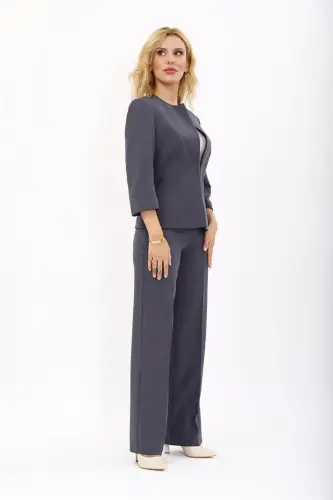 Oval Collar Short Jacket & Wide Leg Pants Suit - Charcoal - 5