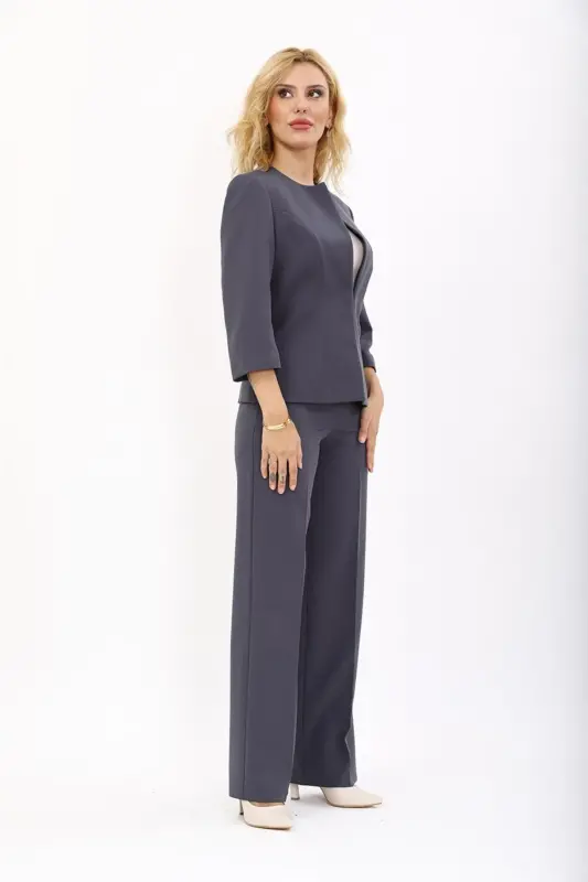 Oval Collar Short Jacket & Wide Leg Pants Suit - Charcoal - 5