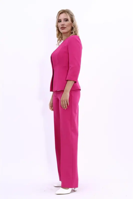 Oval Collar Short Jacket & Wide Leg Pants Suit-fuchsia-Fuchsia - 2