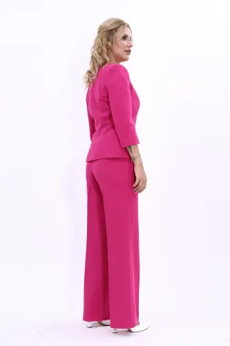 Oval Collar Short Jacket & Wide Leg Pants Suit-fuchsia-Fuchsia - 4