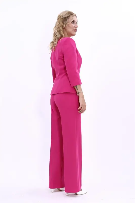 Oval Collar Short Jacket & Wide Leg Pants Suit-fuchsia-Fuchsia - 4