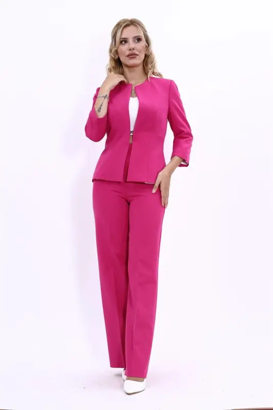 Oval Collar Short Jacket & Wide Leg Pants Suit-fuchsia-Fuchsia - 1