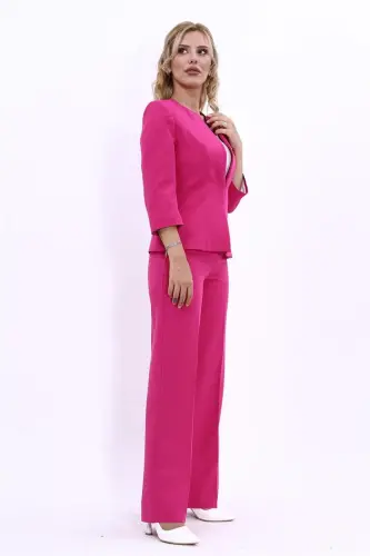 Oval Collar Short Jacket & Wide Leg Pants Suit-fuchsia-Fuchsia - 3