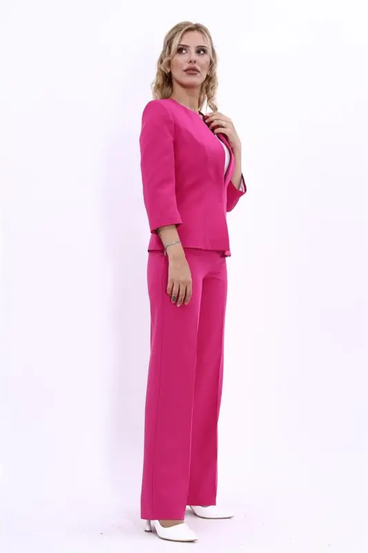 Oval Collar Short Jacket & Wide Leg Pants Suit-fuchsia-Fuchsia - 3